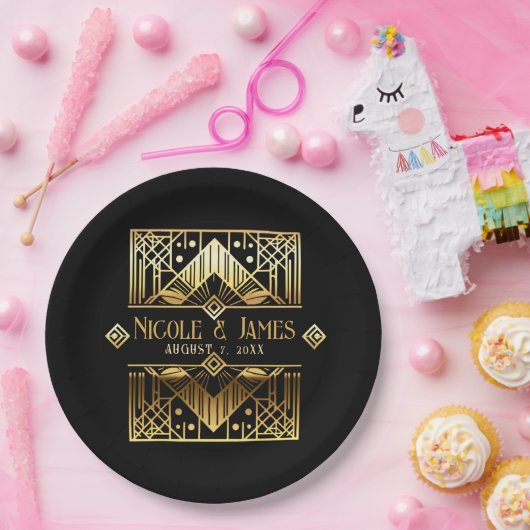 Zwart & Goud Art Deco Bruiloft Papieren Bordje (Feest)