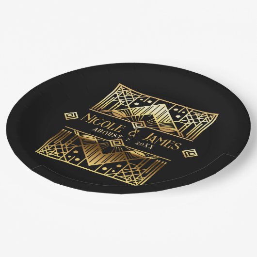 Zwart & Goud Art Deco Bruiloft Papieren Bordje (Gekanteld)
