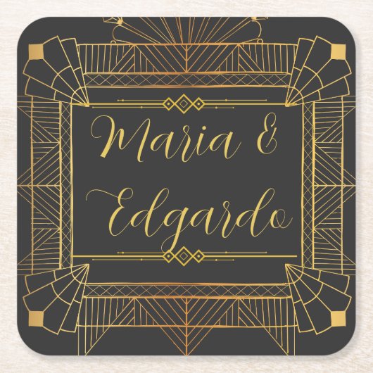 Zwart & Goud Art Deco Bruiloft Vierkante Kartonnen Onderzetter (Voorkant)