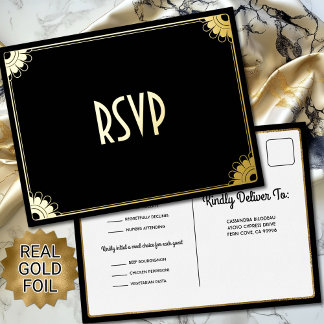 Zwart Goud Art Deco Chic Bloemen Huwelijk RSVP Rea Folie Uitnodiging Briefkaart
