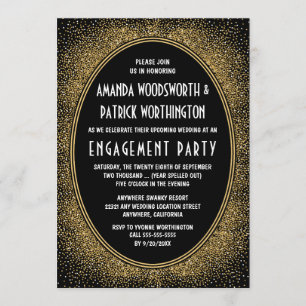 Zwart & Goud Art Deco Engagement Party Uitnodiging