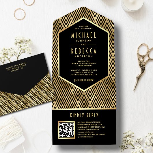 Zwart Goud Art Deco Geometrische QR Code Bruiloft All In One Uitnodiging