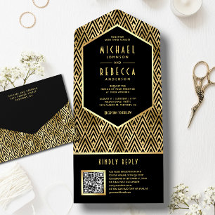 Zwart Goud Art Deco Geometrische QR Code Trouwen All In One Uitnodiging