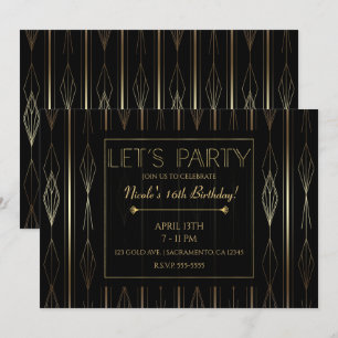Zwart & Goud Art Deco Laten we feesten Verjaardag Kaart