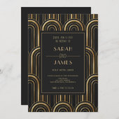  Zwart & Goud Art Deco Patroon Bruiloft Kaart (Voorkant / Achterkant)