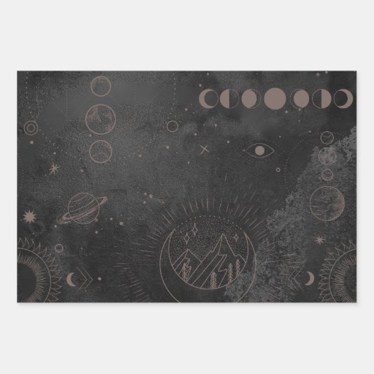 Zwart goud astrologisch patroon inpakpapier vel (Voorkant 3)