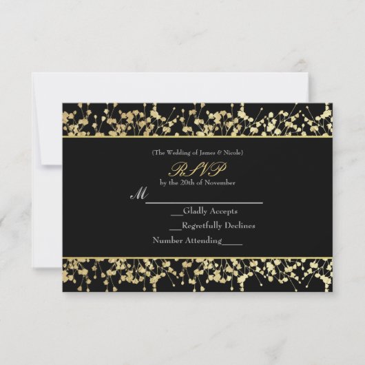 Zwart & Goud Baby's Adem Wedding RSVP kaart (Voorkant)