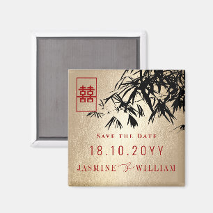 Zwart & Goud Bamboebladeren Chinese Save The Date Magneet