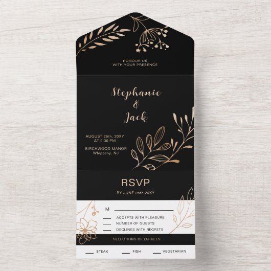 Zwart & Goud Blad - Bruiloft All In One Uitnodiging (Binnen)