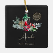 Zwart Goud Bladerlantaarn Modern Vrolijk Kerstfees Keramisch Ornament (Voorkant)