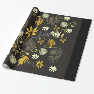Zwart & Goud Bloem 30" x 6' Inpakpapier, Glans Cadeaupapier