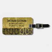 Zwart & Goud Bloemen Damasks Gepersonaliseerd Bagagelabel (Voorkant horizontaal)