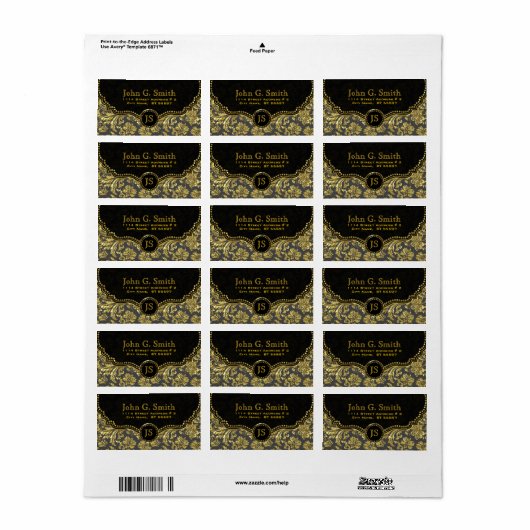 Zwart & Goud Bloemen Damasks Patroon 2 Etiket (Full Sheet)