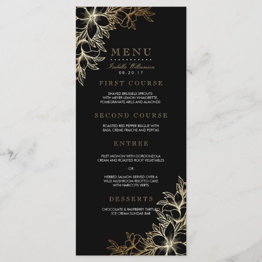 Zwart & Goud Bloemen Engagement Party Menu (Voorkant)