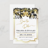 Zwart Goud Bloemen Geometrisch Monogram Terug Brui Save The Date (Voorkant / Achterkant)