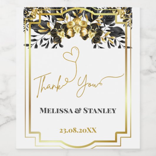 Zwart Goud Bloemen Geometrisch Monogram Terug Brui Wijn Etiket (Enkel label)