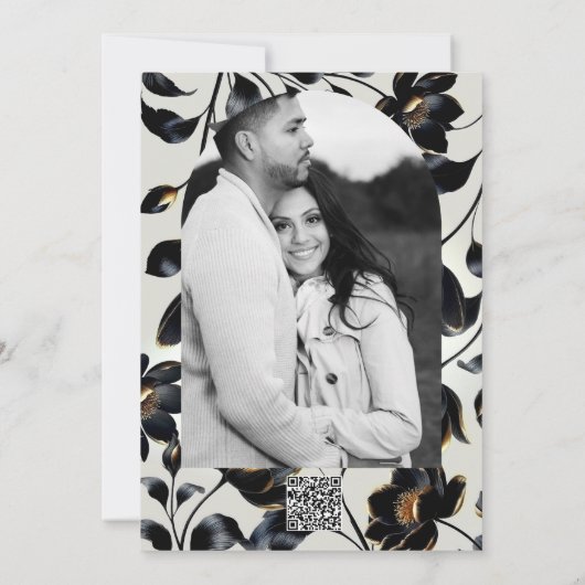 Zwart & Goud Bloemen Greige bruiloft Dank u Kaart (Achterkant)