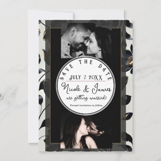 Zwart & Goud Bloemen Greige bruiloft Save the Date (Voorkant)