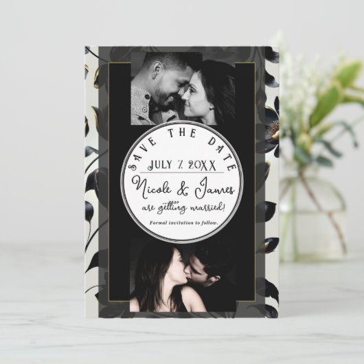 Zwart & Goud Bloemen Greige bruiloft Save the Date (Staand voorkant)