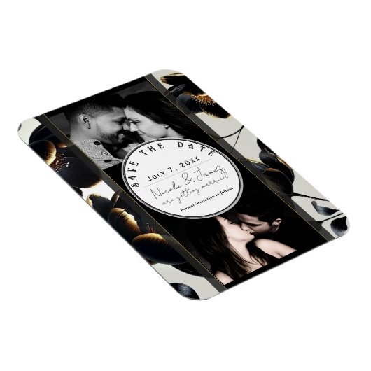 Zwart & Goud Bloemen Greige bruiloft Save the Date Magneet (Rechterzijde)