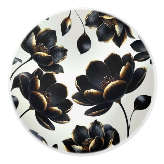Zwart & Goud Bloemen Greige Elegant Dark Moody Keramische Knop (Voorkant)