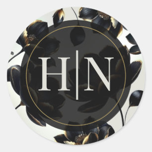 Zwart & Goud Bloemen Greige Elegante Huwelijk Ronde Sticker