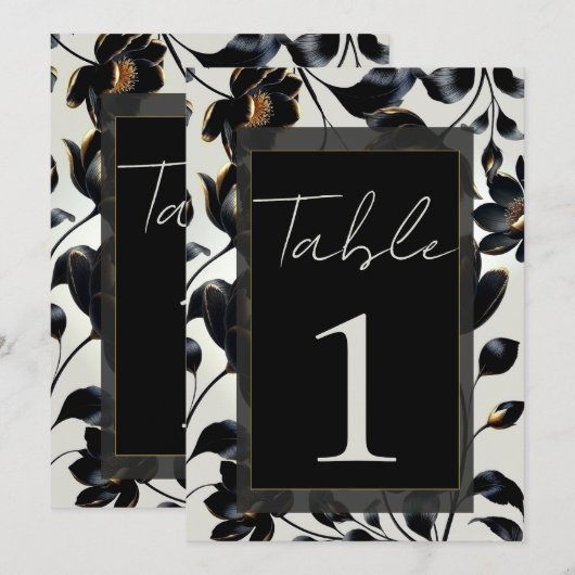 Zwart & Goud Bloemen Greige Trouwtafel Nummer Kaart (Voorkant / Achterkant)