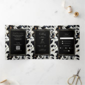 Zwart & Goud Bloemen Greige Wedding Drieluik Uitnodiging (Binnen)