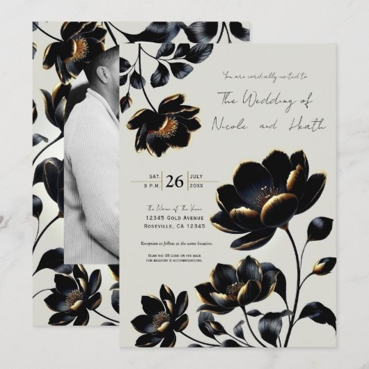 Zwart & Goud Bloemen Greige Wedding Kaart (Voorkant / Achterkant)