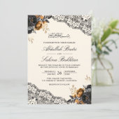 Zwart Goud Bloemen Kant Cream Moslim Bruiloft Kaart (Staand voorkant)