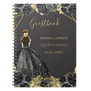 Zwart Goud Bloemen Prinses Quinceanera Gastenboek Notitieboek