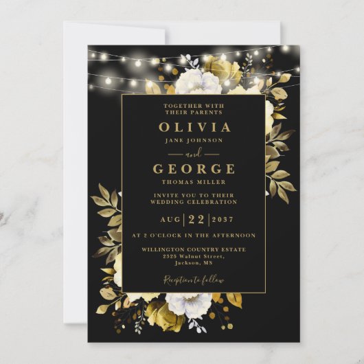 Zwart Goud Bloemen String Lichten QR Code Huwelijk Kaart (Voorkant)