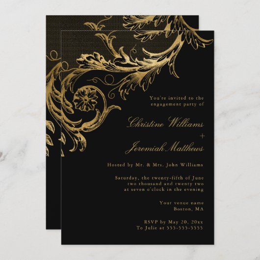 Zwart Goud Bloemen Verlovingsfeest Kaart (Voorkant / Achterkant)