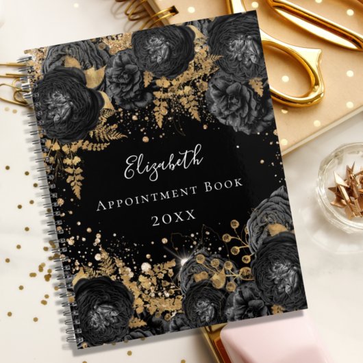 Zwart goud bloemenglitter naam glamoureus 2024 planner