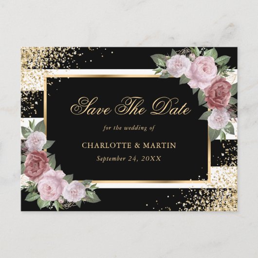 Zwart Goud Blush Bloemen Bruiloft Save The Date Aankondigingskaart (Voorkant)