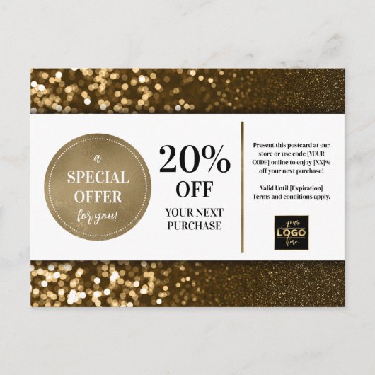 Zwart Goud Bokeh Glitter Coupon Korting Briefkaart (Voorkant)