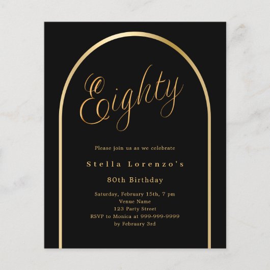 Zwart goud boog script 80ste verjaardag uitnodigin (Voorkant)