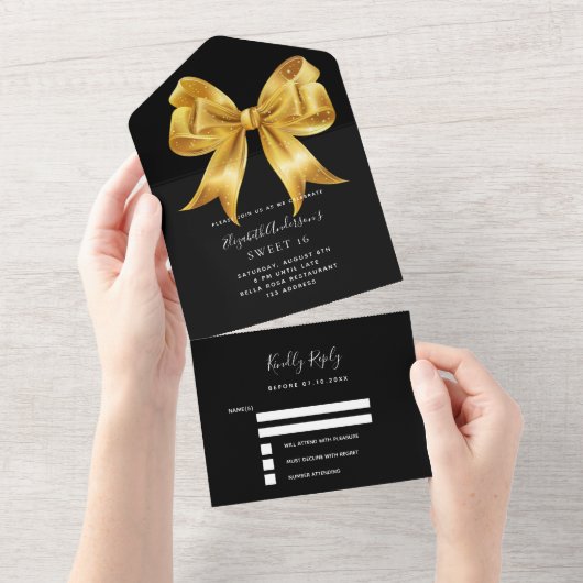 Zwart goud boog Sweet 16 rsvp All In One Uitnodiging (Afscheurbaar)
