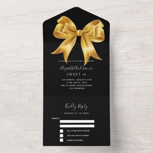 Zwart goud boog Sweet 16 rsvp All In One Uitnodiging (Binnen)