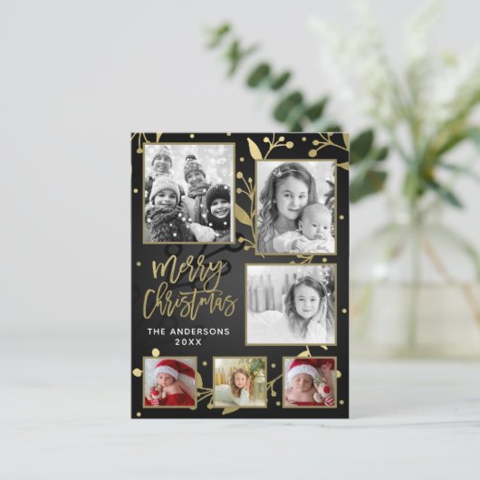 Zwart & Goud Botanische Vrolijk Kerstfeest 6 Foto Feestdagenkaart (Staand voorkant)
