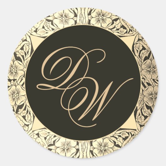 Zwart Goud Bruiloft Monogram  Elegant Bloemen Ronde Sticker (Voorkant)