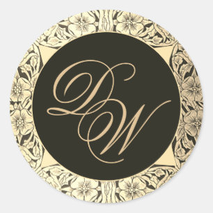 Zwart Goud Bruiloft Monogram  Elegant Bloemen Ronde Sticker