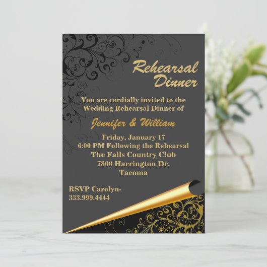 Zwart & Goud Bruiloft repetitie diner uitnodiging (Staand voorkant)