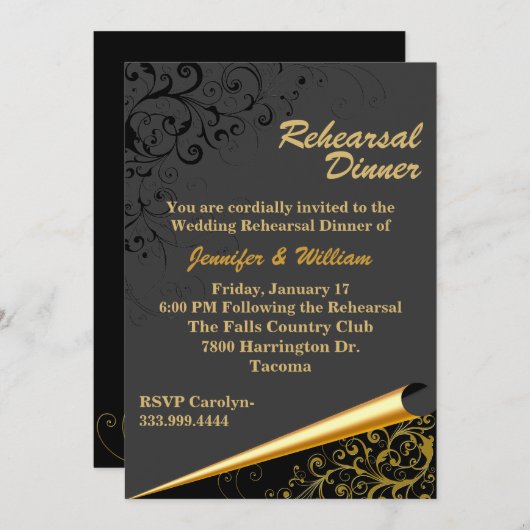 Zwart & Goud Bruiloft repetitie diner uitnodiging (Voorkant / Achterkant)