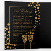 Zwart & Goud Champagne Bubbels, Trouwsuite Drieluik Uitnodiging (Binnenzijde eerst)