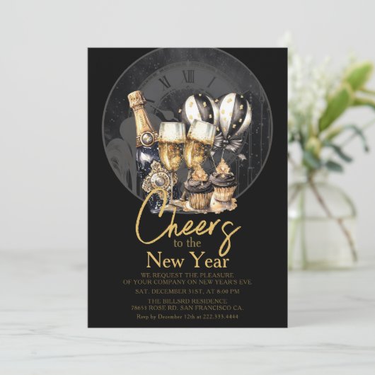 Zwart Goud Champagne Oud en Nieuw Viering Kaart (Staand voorkant)