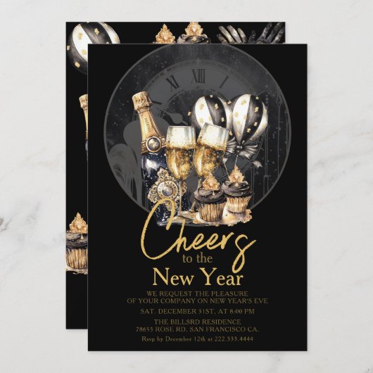 Zwart Goud Champagne Oud en Nieuw Viering Kaart (Voorkant / Achterkant)