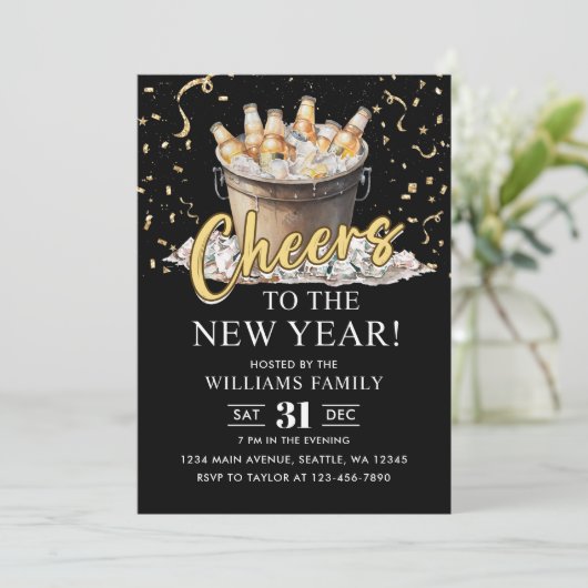 Zwart Goud Champagne proost op Oud en Nieuw Feest Kaart (Staand voorkant)