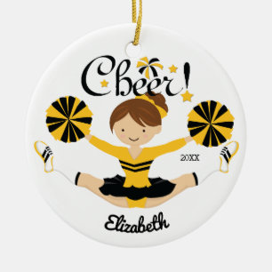 Zwart & Goud Cheer Brunette Cheerleader Ornament