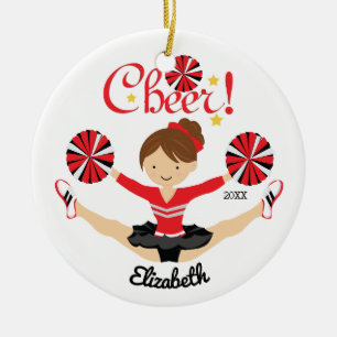 Zwart & Goud Cheer Donker Haar Cheerleader Ornamen Keramisch Ornament